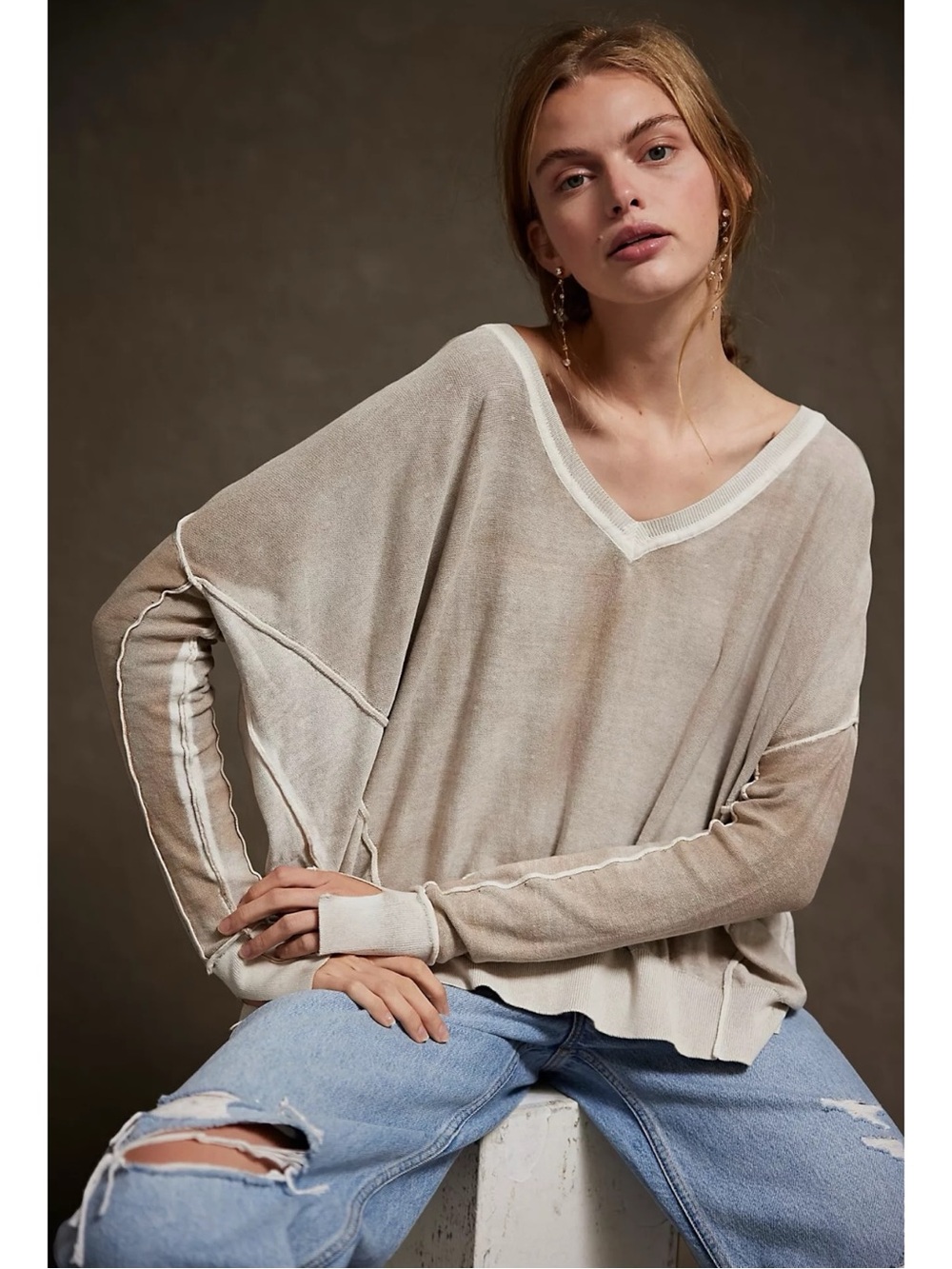 Free People Gibson V Neck Pullover Sweatshirt in Petrified Wood Size Small NWT
